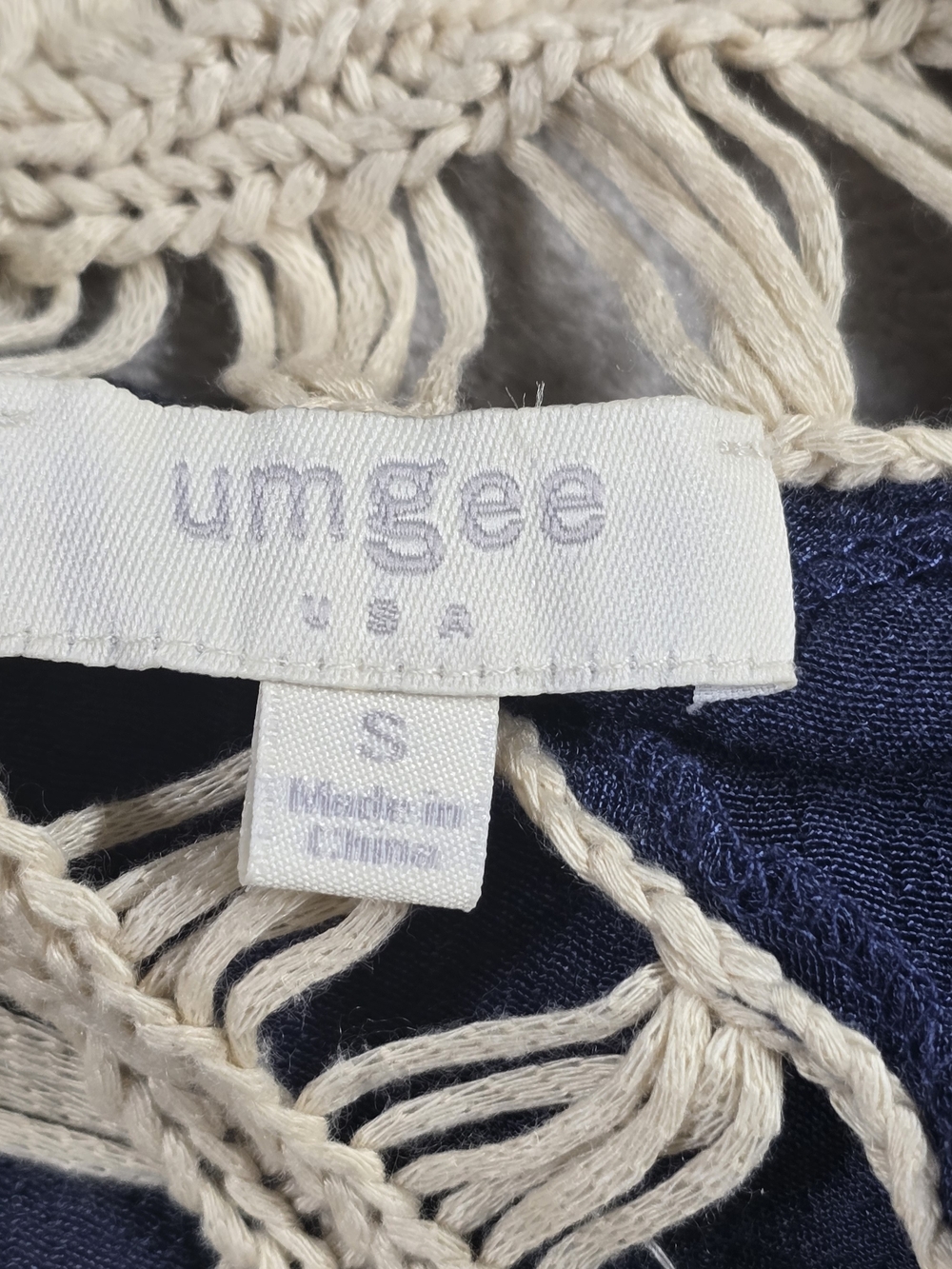 Umgee USA Boho Crochet Fringe Tunic Top Navy Cream Small - Picture 4 of 11